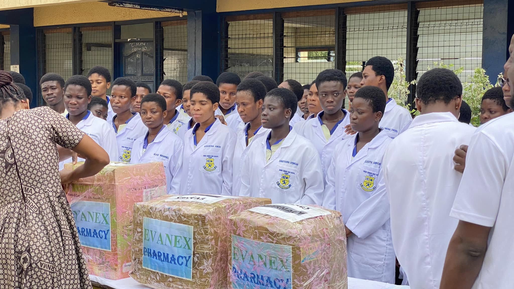 Branded Evanex Pharmacy packages containing donations for hospital and rural aid distribution