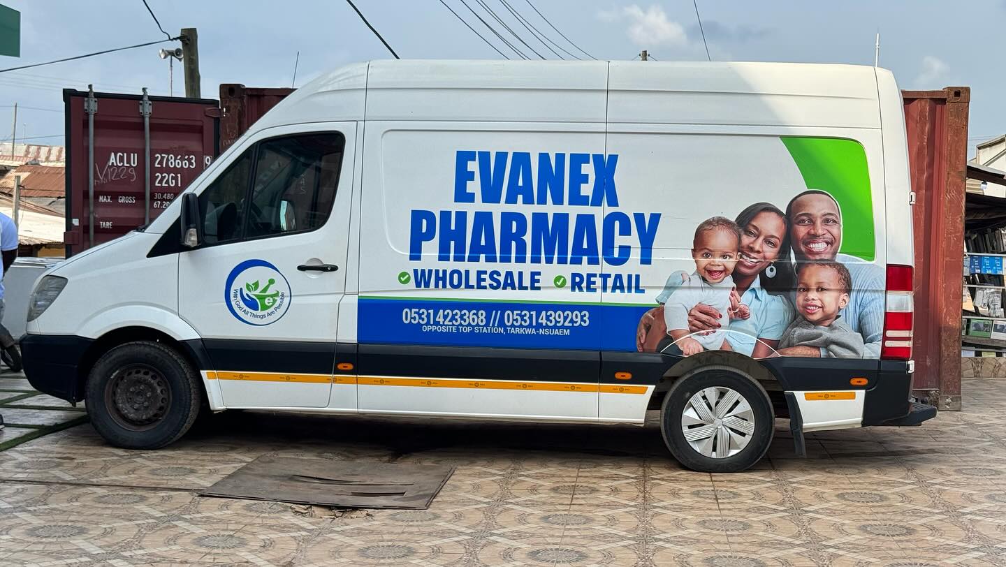 Evanex Pharmacy wholesale and retail branded delivery van with 0531423368 contact