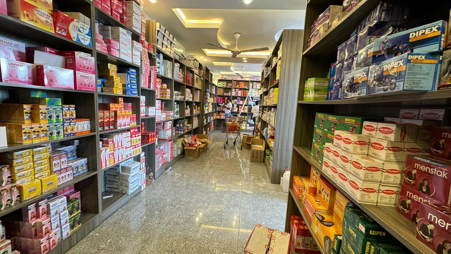 Clean, organized, and fully stocked pharmacy aisles in Agona Nkwanta